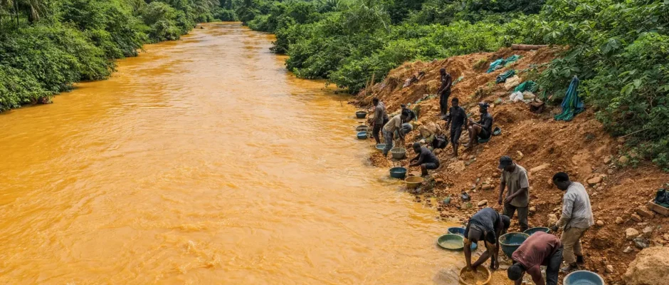 Illegal miners working beside a heavily polluted yellow river in Ghana during galamsey activity