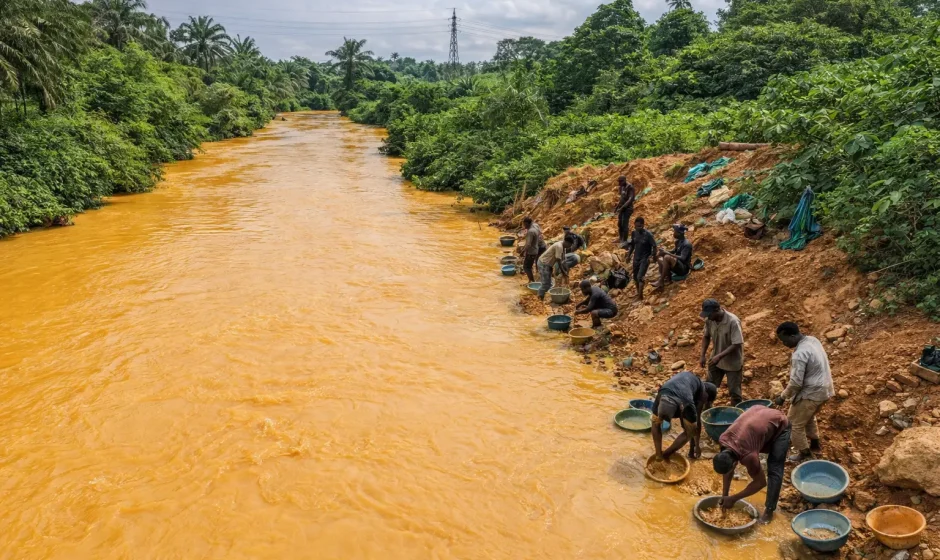 Illegal miners working beside a heavily polluted yellow river in Ghana during galamsey activity