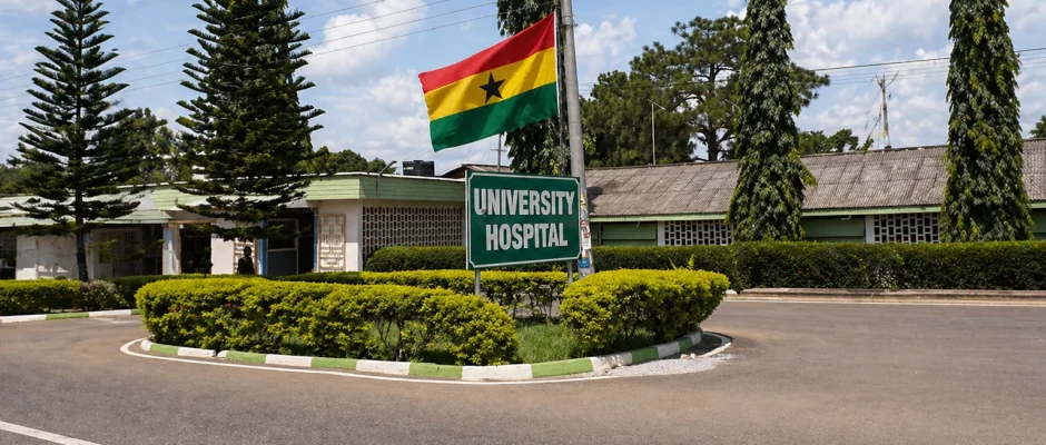 GETFund KNUST Teaching Hospital equipment contract image showing University Hospital entrance in Kumasi with Ghana flag
