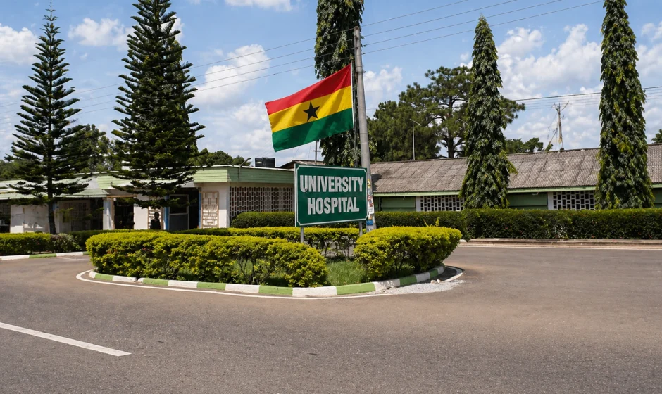 GETFund KNUST Teaching Hospital equipment contract image showing University Hospital entrance in Kumasi with Ghana flag
