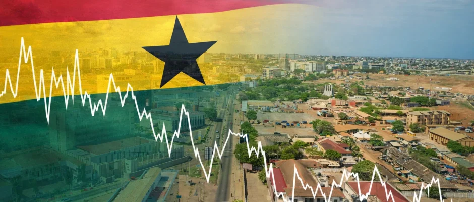 Ghana flag overlay on Accra skyline with volatile white line chart showing Ghana market volatility