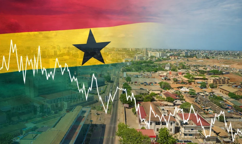 Ghana flag overlay on Accra skyline with volatile white line chart showing Ghana market volatility