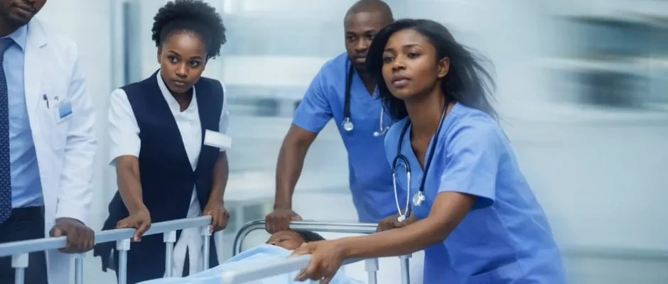 Ghanaian doctors and nurses rushing a patient through a hospital emergency ward