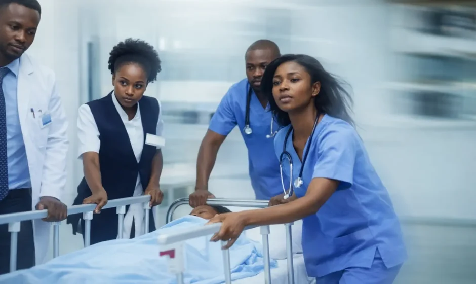 Ghanaian doctors and nurses rushing a patient through a hospital emergency ward