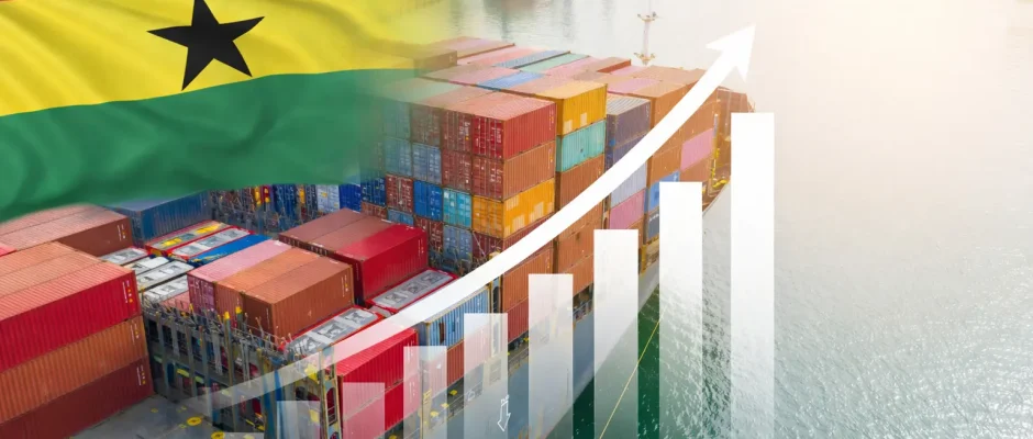 Cargo container ship with Ghana flag overlay and rising white bar chart representing Ghana’s top 10 non-traditional exports reaching $3.28 billion in 2025
