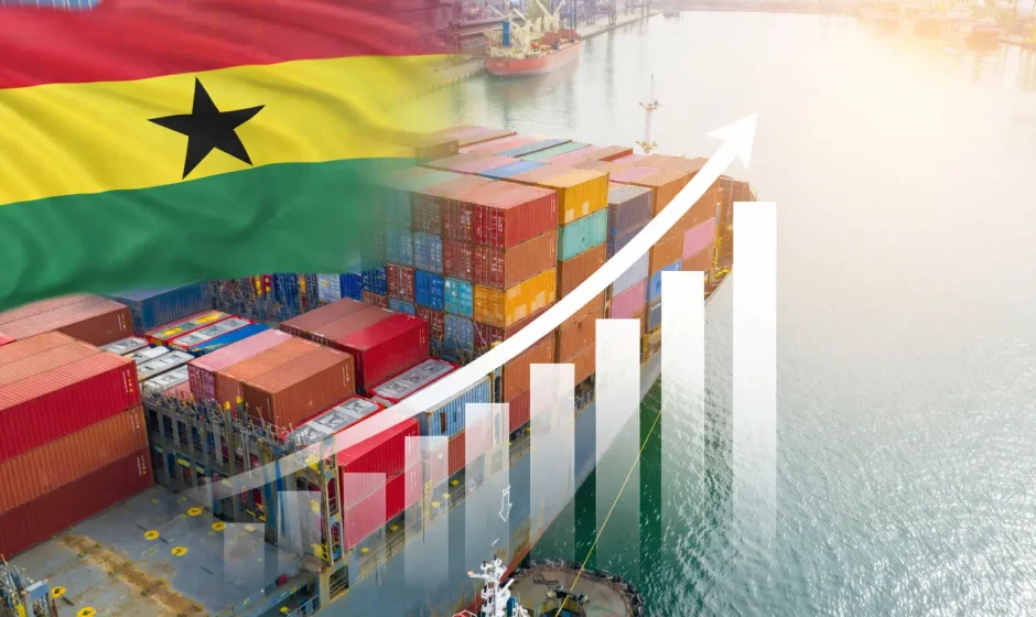 Cargo container ship with Ghana flag overlay and rising white bar chart representing Ghana’s top 10 non-traditional exports reaching $3.28 billion in 2025