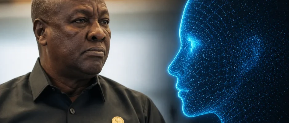 Ghana president looking toward a glowing AI face concept image about artificial intelligence and government policy in Ghana