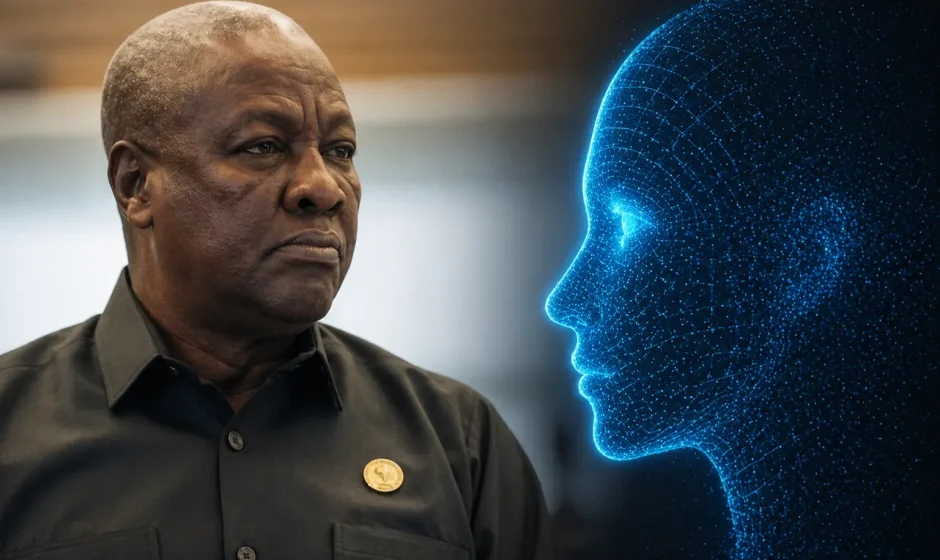 Ghana president looking toward a glowing AI face concept image about artificial intelligence and government policy in Ghana