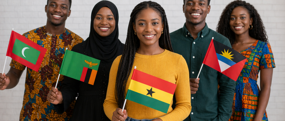 Ghana visa waiver agreement image showing people holding flags of Ghana, Maldives, Zambia and Antigua and Barbuda