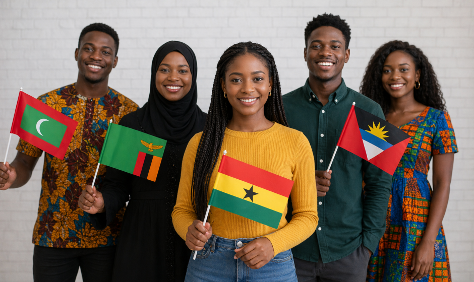 Ghana visa waiver agreement image showing people holding flags of Ghana, Maldives, Zambia and Antigua and Barbuda