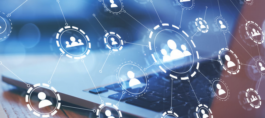 Social network concept showing connected user icons over a laptop, representing Ghana WhatsApp and Telegram groups for diaspora and expats