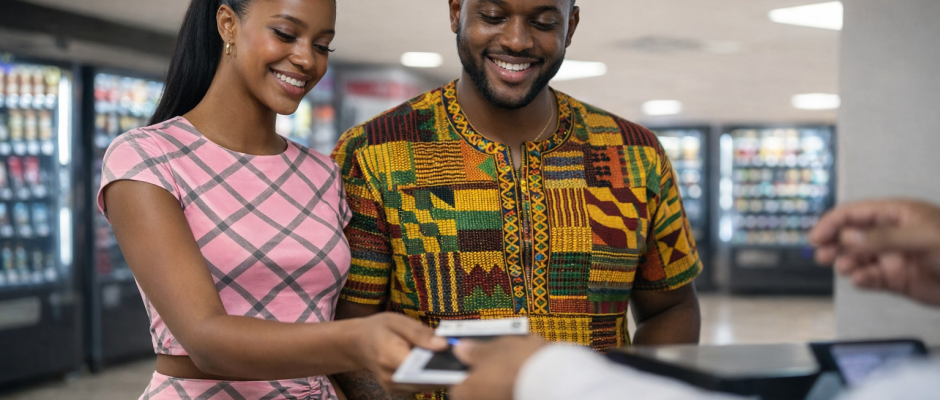 Ghanaian couple presenting boarding pass at airport gate before departure