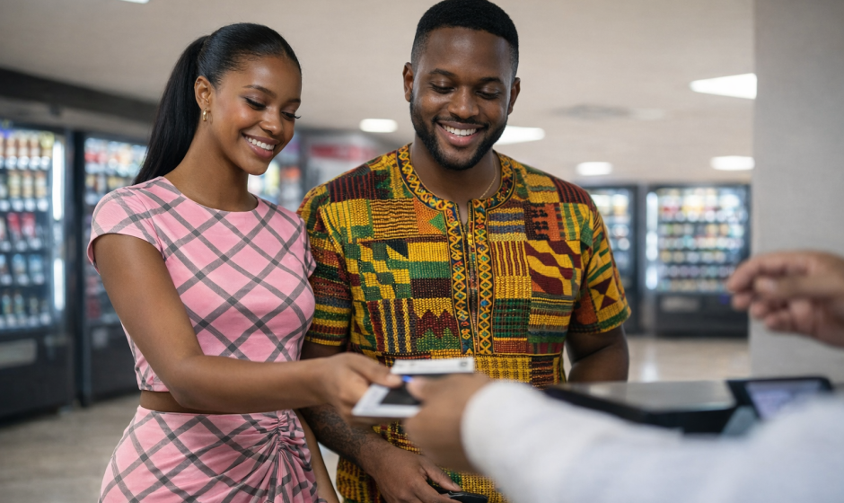 Ghanaian couple presenting boarding pass at airport gate before departure