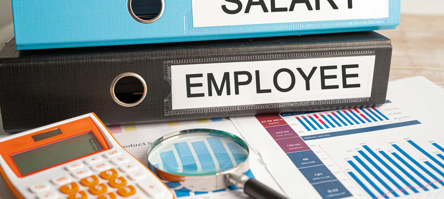 World salary comparison 2026 concept showing salary and employee folders with calculator and charts