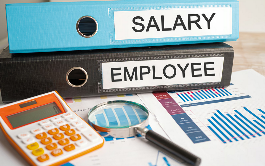 World salary comparison 2026 concept showing salary and employee folders with calculator and charts