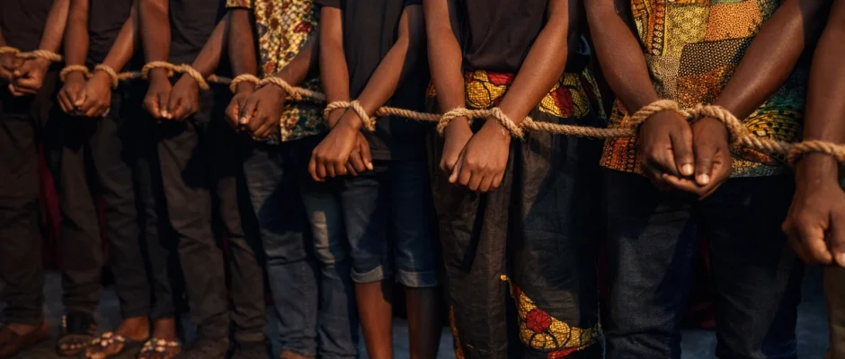 Human trafficking in Ghana illustration showing vulnerable people restrained during an anti-trafficking themed report