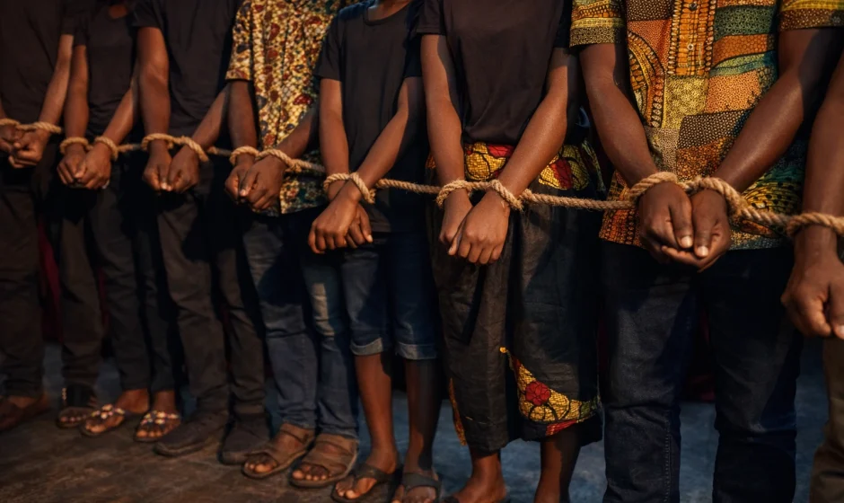 Human trafficking in Ghana illustration showing vulnerable people restrained during an anti-trafficking themed report
