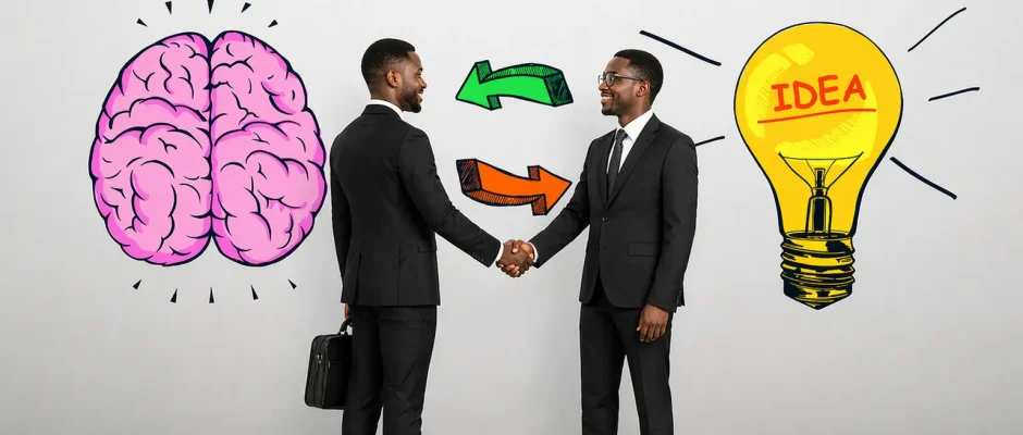 Two Ghanaian businessmen shaking hands beside brain and lightbulb illustrations representing low-capital business ideas in Ghana.