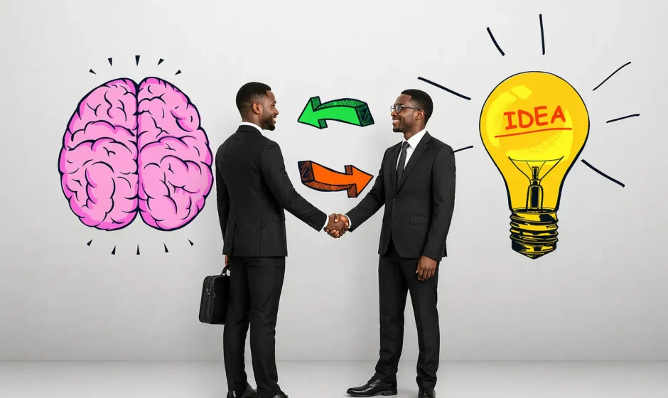 Two Ghanaian businessmen shaking hands beside brain and lightbulb illustrations representing low-capital business ideas in Ghana.