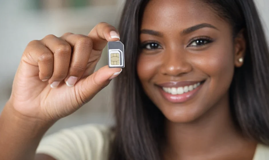 Ghanaian woman holding SIM card for mobile money security and SIM re-registration in Ghana