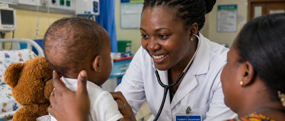 Pediatricians in Ghana caring for a young child in a hospital room in Accra or Kumasi