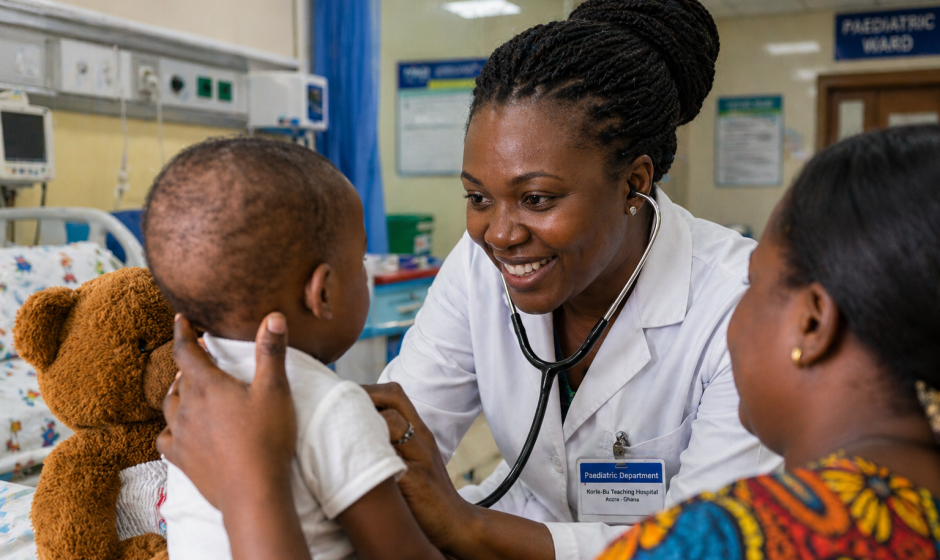Pediatricians in Ghana caring for a young child in a hospital room in Accra or Kumasi