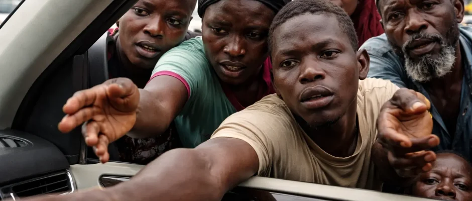 street beggars in Ghana approaching a car window in an urban area