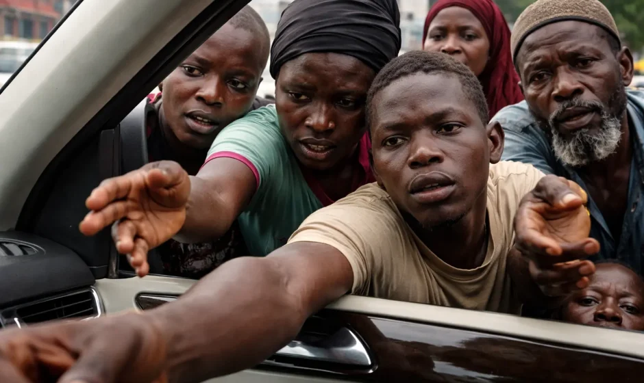 street beggars in Ghana approaching a car window in an urban area