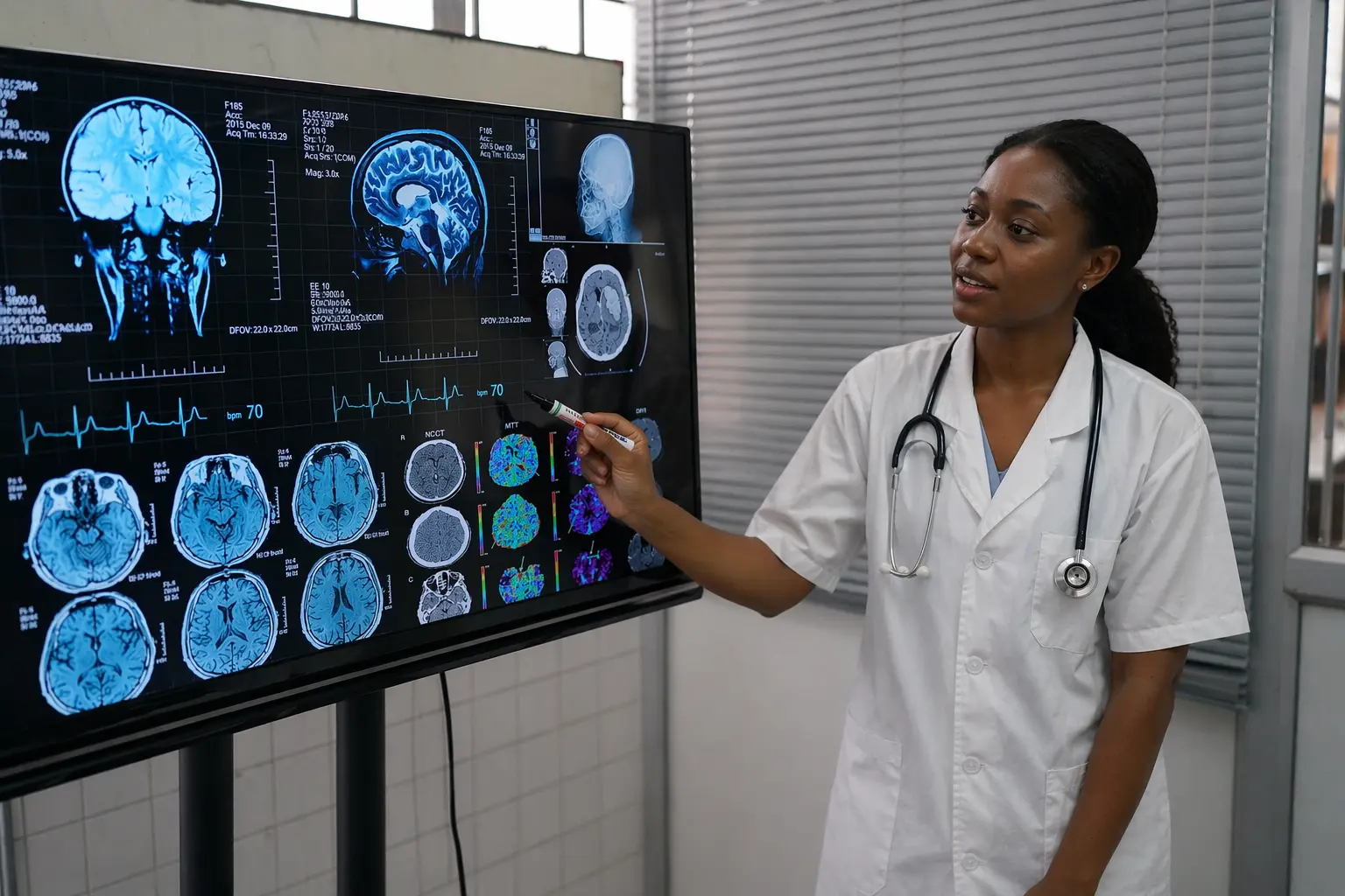 Ghanaian doctor reviewing brain scans on a digital screen, illustrating stroke diagnosis, treatment planning, and stroke deaths in Ghana