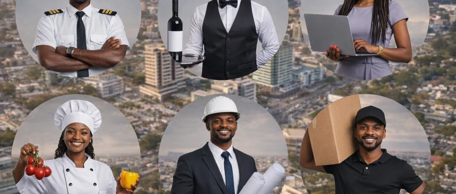 Collage of Black professionals in Ghana including a pilot, waiter, IT specialist, chef, construction manager, and delivery manager with Accra skyline in the background.