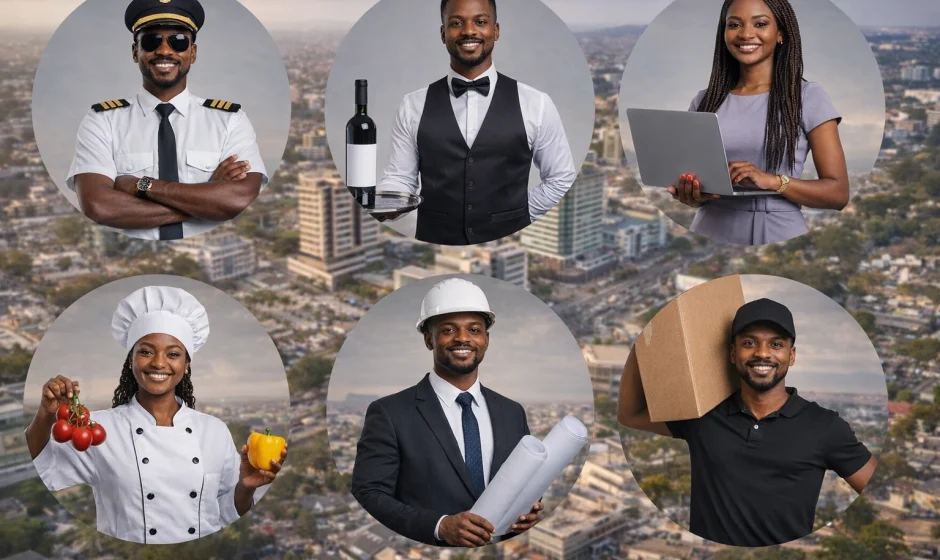 Collage of Black professionals in Ghana including a pilot, waiter, IT specialist, chef, construction manager, and delivery manager with Accra skyline in the background.