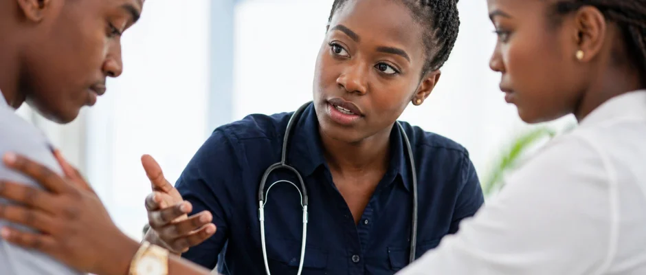 Ghanaian doctor discussing top health risks in Ghana with patients