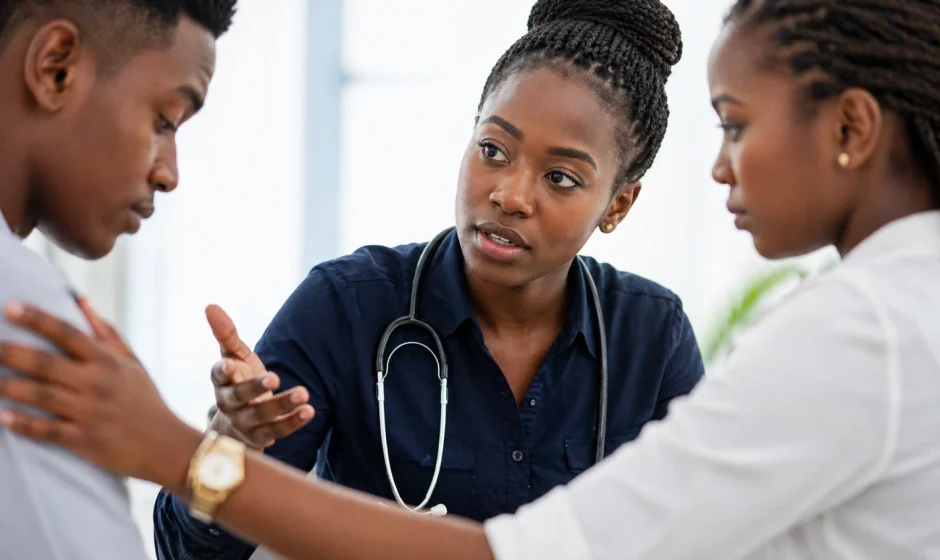 Ghanaian doctor discussing top health risks in Ghana with patients