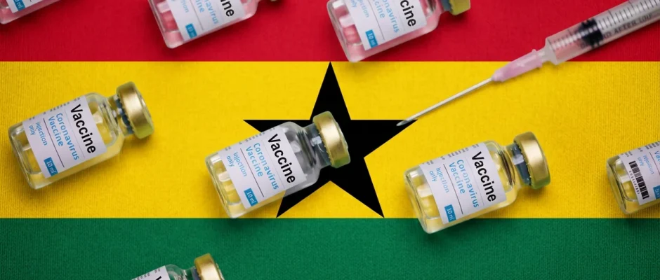 Ghana vaccines financing - vaccine bottles on top of the flag of Ghana