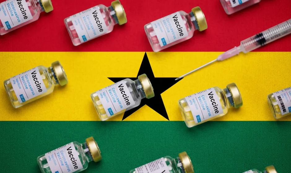 Ghana vaccines financing - vaccine bottles on top of the flag of Ghana