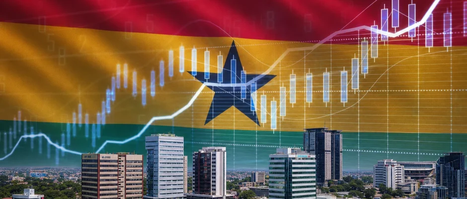 Ghana IMF bailout final review 2026 with Accra skyline Ghana flag and financial growth chart