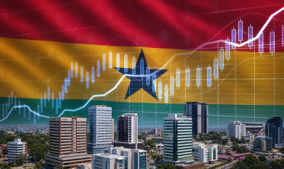 Ghana IMF bailout final review 2026 with Accra skyline Ghana flag and financial growth chart