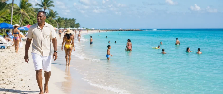 American retiree walking on a tropical beach while planning to retire in Ghana with US Social Security