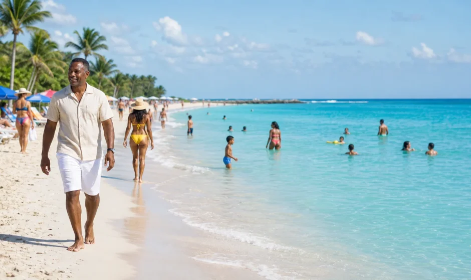 American retiree walking on a tropical beach while planning to retire in Ghana with US Social Security