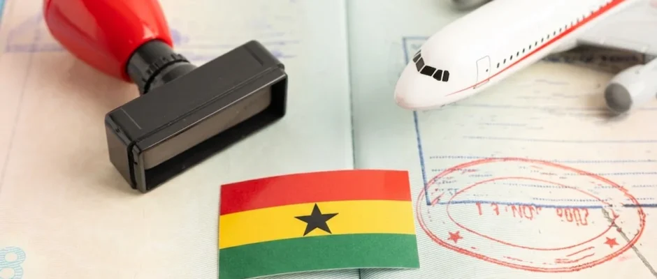 Ghana passport ranking 2026 showing the dark blue biometric passport booklet with the coat of arms of Ghana