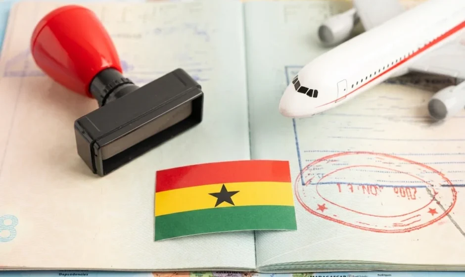 Ghana passport ranking 2026 showing the dark blue biometric passport booklet with the coat of arms of Ghana