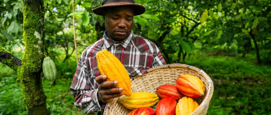 Sad Ghanaian cocoa farmer holding harvested cocoa in a basket during the PBC payment crisis