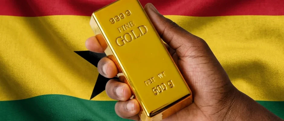 Ghana gold purchase program 2026 with a gold bar held over the Ghana flag