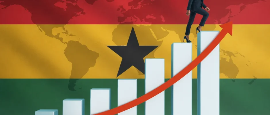 Ghanaian woman walking up a rising bar chart with the Ghana flag and a world map, illustrating Fitch upgrades Ghana credit rating to B Title: Fitch Upgrades Ghana Credit Rating to B