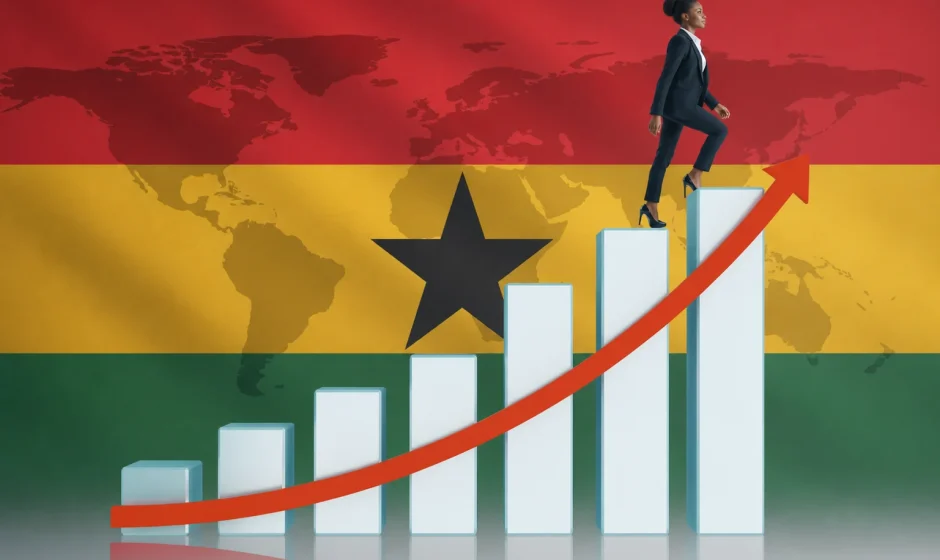 Ghanaian woman walking up a rising bar chart with the Ghana flag and a world map, illustrating Fitch upgrades Ghana credit rating to B Title: Fitch Upgrades Ghana Credit Rating to B