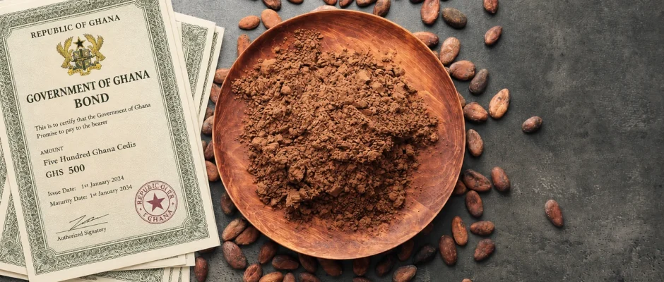 Plate of cocoa beans, mashed cocoa, and ground cocoa beside a stack of generic Ghana government bonds.