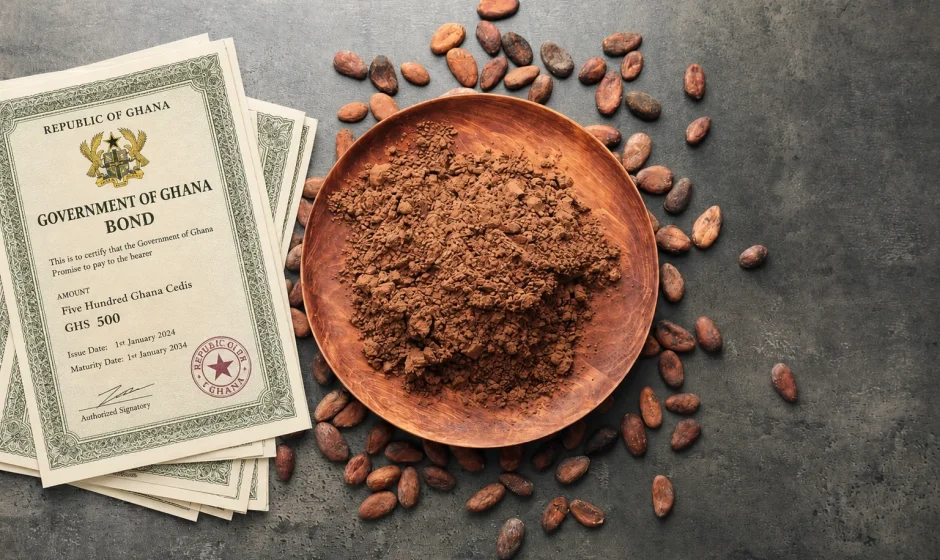 Plate of cocoa beans, mashed cocoa, and ground cocoa beside a stack of generic Ghana government bonds.