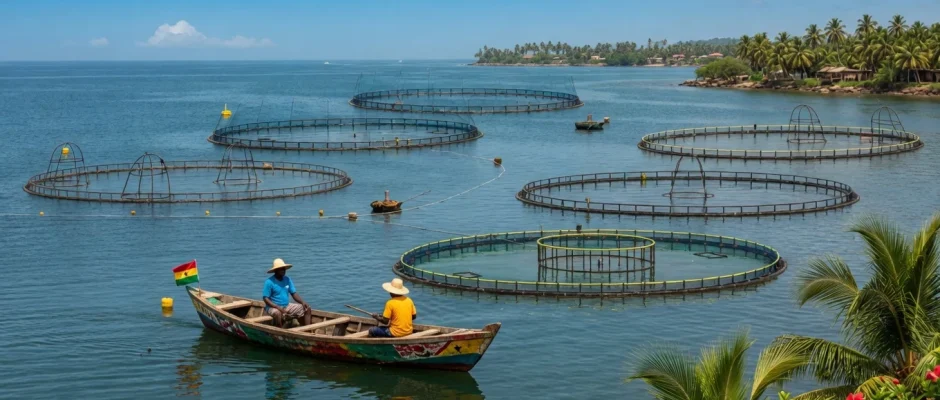Commercial tilapia cage aquaculture farming on Lake Volta, Ghana