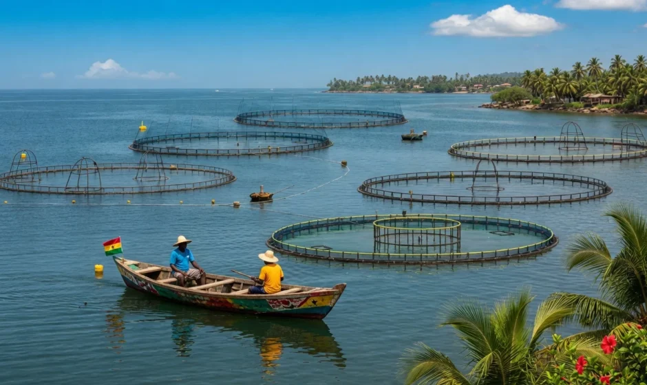 Commercial tilapia cage aquaculture farming on Lake Volta, Ghana