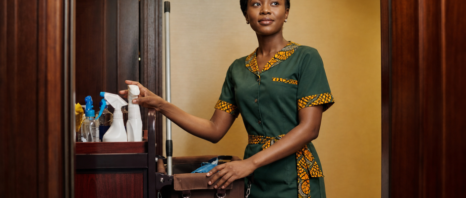 Domestic worker in Ghana with cleaning supplies inside a home